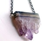 Slice of Amethyst Druzy Necklace On Oxidized Sterling Silver