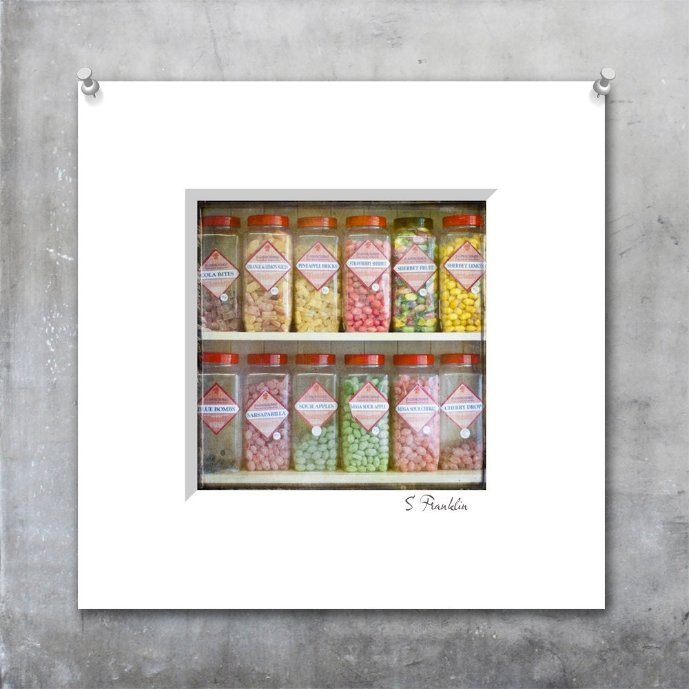 Pick and mix candy sweets in vintage jars on shop shelf - fine art photo print, metallic paper, sale