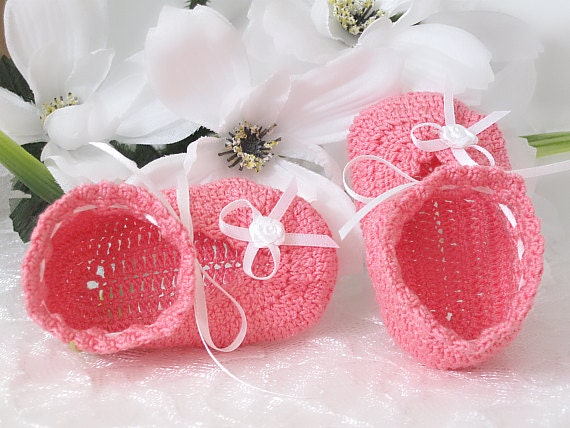 Baby Booties, Newborn Christening, Baptism Booties, Coral Pink Lace Bootie Slippers, 0 - 3 Months