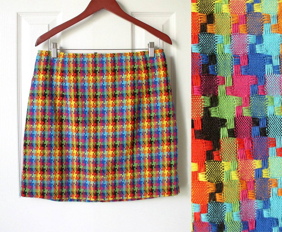 RESERVED for Laura-Vintage 90s Fashion Bright Colorful Houndstooth Check Mini Skirt Plus Size 13 / 14