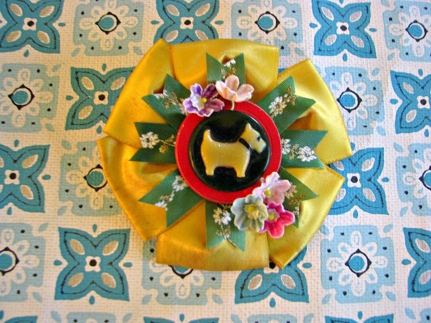 Fun Vintage Scotty Dog Button Prize Ribbon Corsage