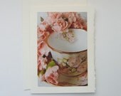 Pink Carnations and Teacup Photo Note Card, Blank Note Card, Greeting Card, All Occasion Cards, Frameable Home Decor Print
