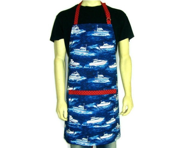 Mens Apron, Boats, Yachts on Ocean Blue, Full Kitchen Chef Style, Adjustable with pocket