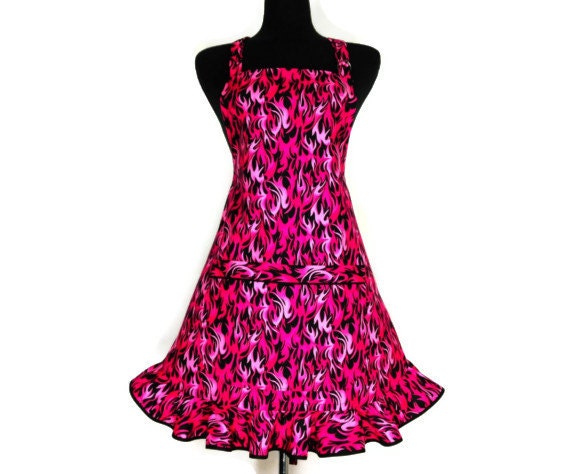 Retro Kitchen Apron , Hot Pink Flames , Adjustable Full Womens apron with Ruffle and Pocket