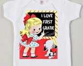 ON SALE Vintage First Grade Tee Custom Size Retro Kindergarten GIRL Back to School "Any Grade" size Nb to Xl Youth
