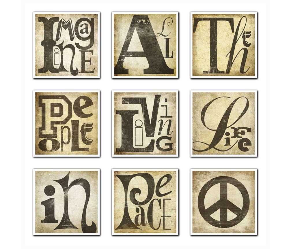 John Lennon Quote Lyric Print Set Digital Typography Art - Imagine All The People Living Life In Peace--9pc Set