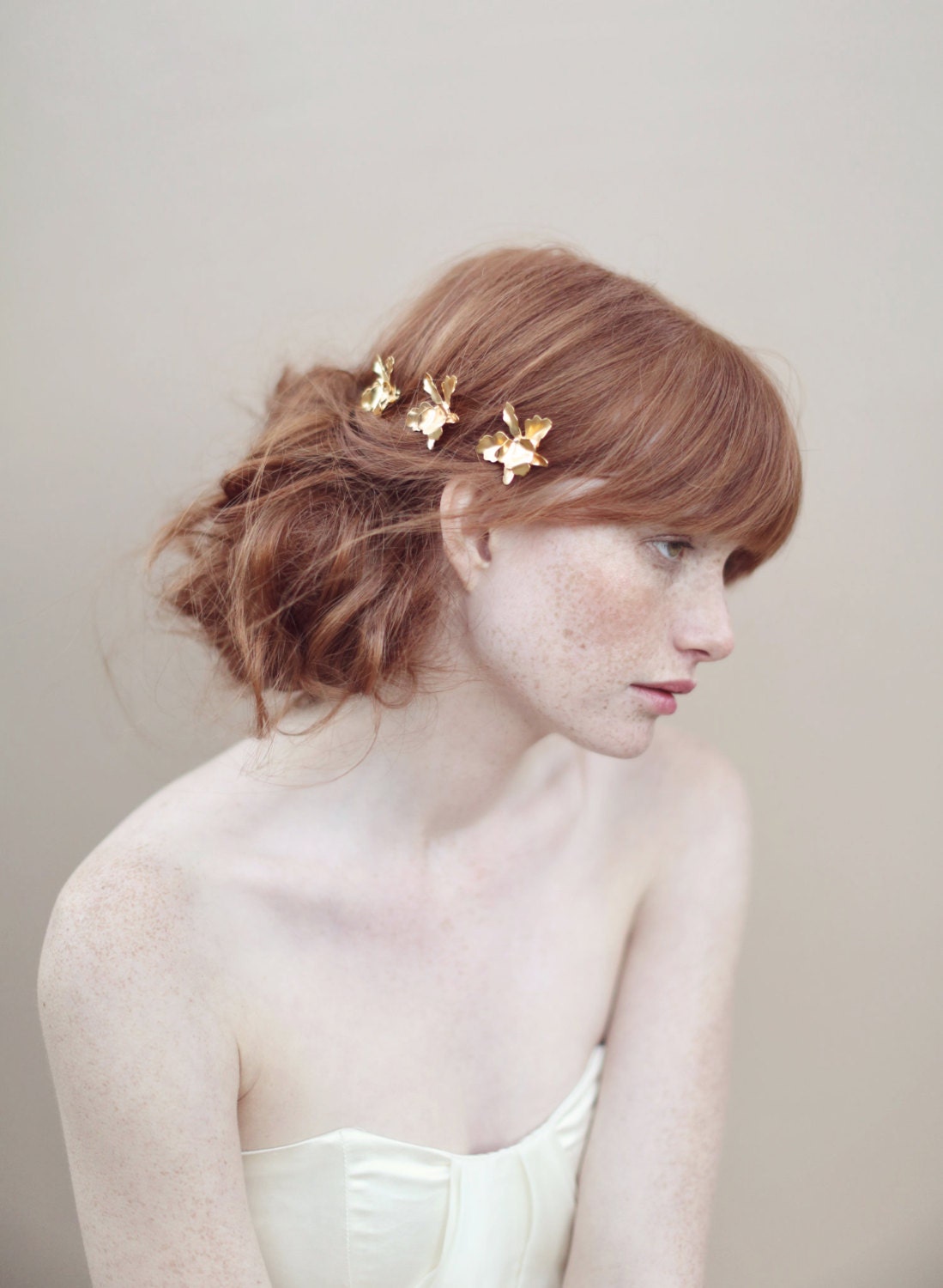 Bridal hairpin, gold orchids, bobby pins, flowers - Gold plated petite orchid bobby pin set of 3 - Style 360