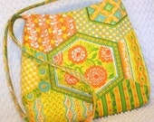 Bohemian Chic Crossbody Bag Vintage Hexagon Floral 70s Hippie Fabric Bag Yellow, Green and Orange Floral