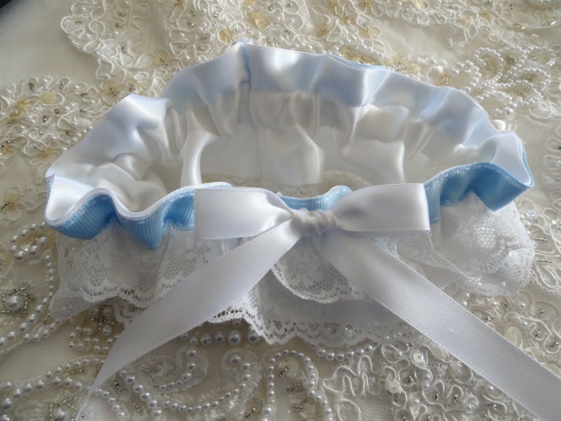 White and Blue Vintage  Double Lace Ruffled Wedding Garter
