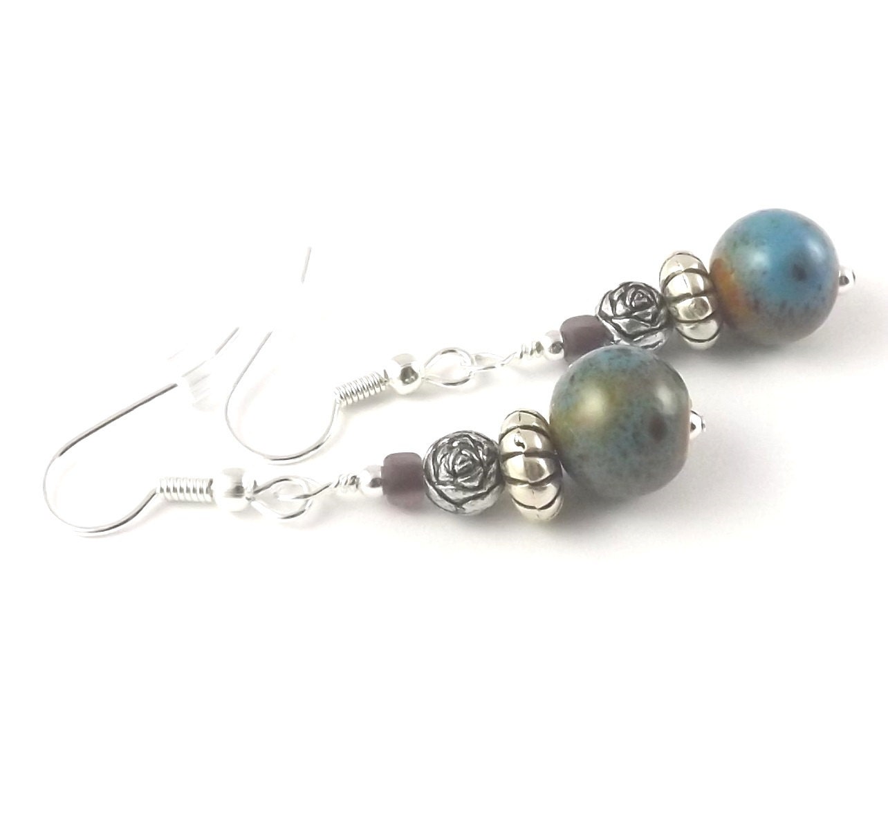 Round Blue Green Teal Pottery Bead surgical steel french hook earrings