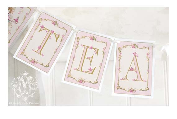 Marie Antoinette, Tea Time Bunting, Party Decoration, Banner, High Tea, Pink, Roses, Teacup, Garland, Shabby Chic