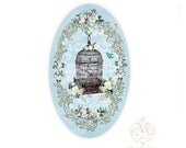 Vintage Bird Cage stickers, blue, roses, shabby chic style, birds, seals, large glossy oval stickers, 3.25" x 2"