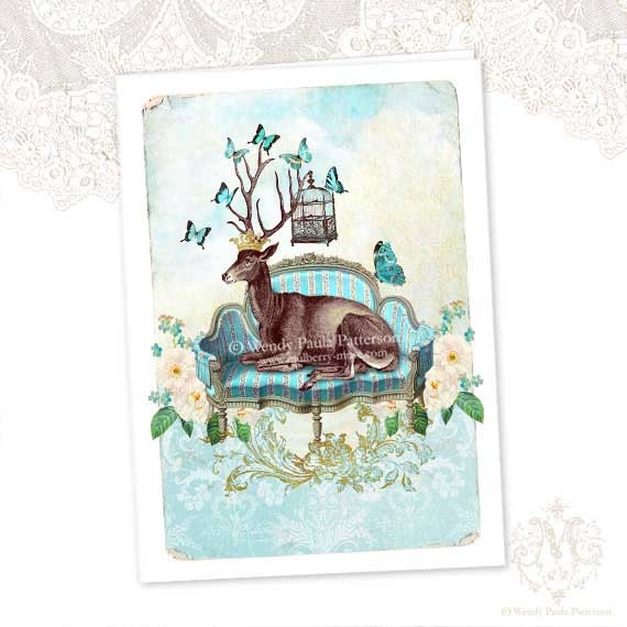 Deer, Greeting Card, Deer on French sofa antlers decorated with butterflies and birdcage, roses, vintage wallpaper.