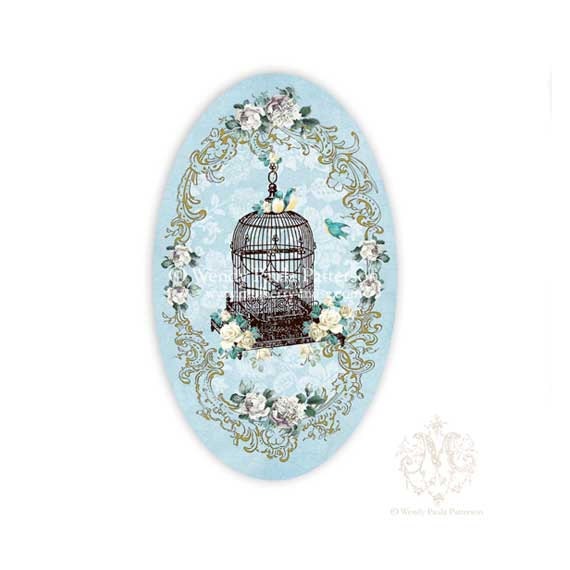 Vintage Bird Cage stickers, blue, roses, shabby chic style, birds, seals, large glossy oval stickers, 3.25" x 2"