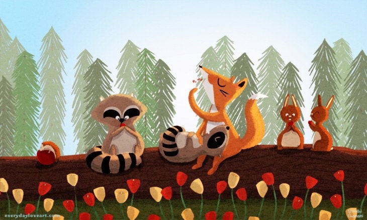 Fox Art, Raccoon Print, Squirrels, Woodland Art, Nursery wall art, Cute Animal Art, Kids Wall Art - "Snack time" - Art Print 13x19