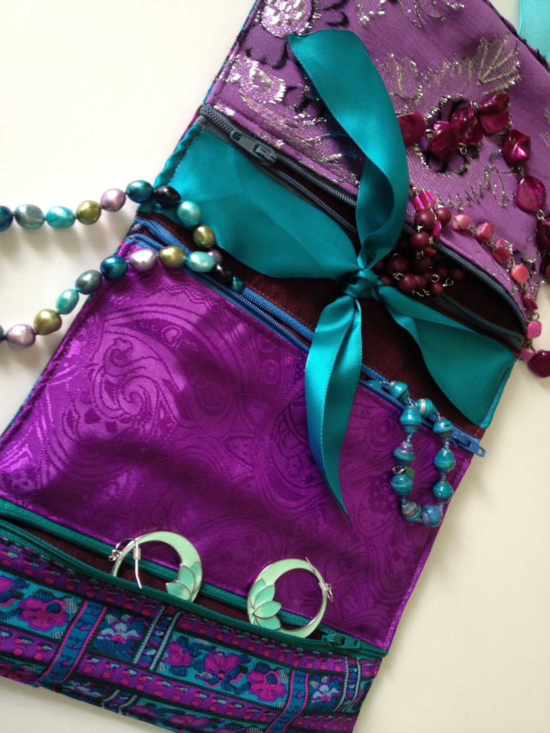 Luxury Silk Jewelry Travel Case - Purple & Teal Floral