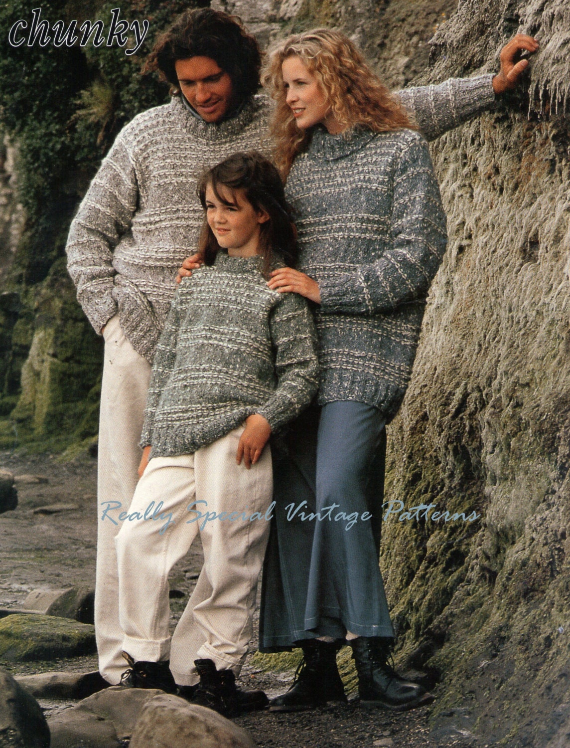 Family Sweaters Chunky  Yarn Knitting Pattern Original 1990's Not PDF