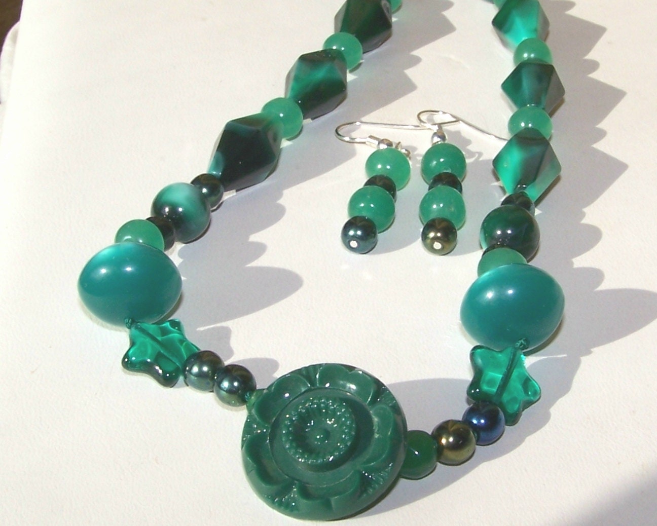 Bakelite Button,Peking Glass Beads, Vintage, Green Necklace, Artisan, Sale