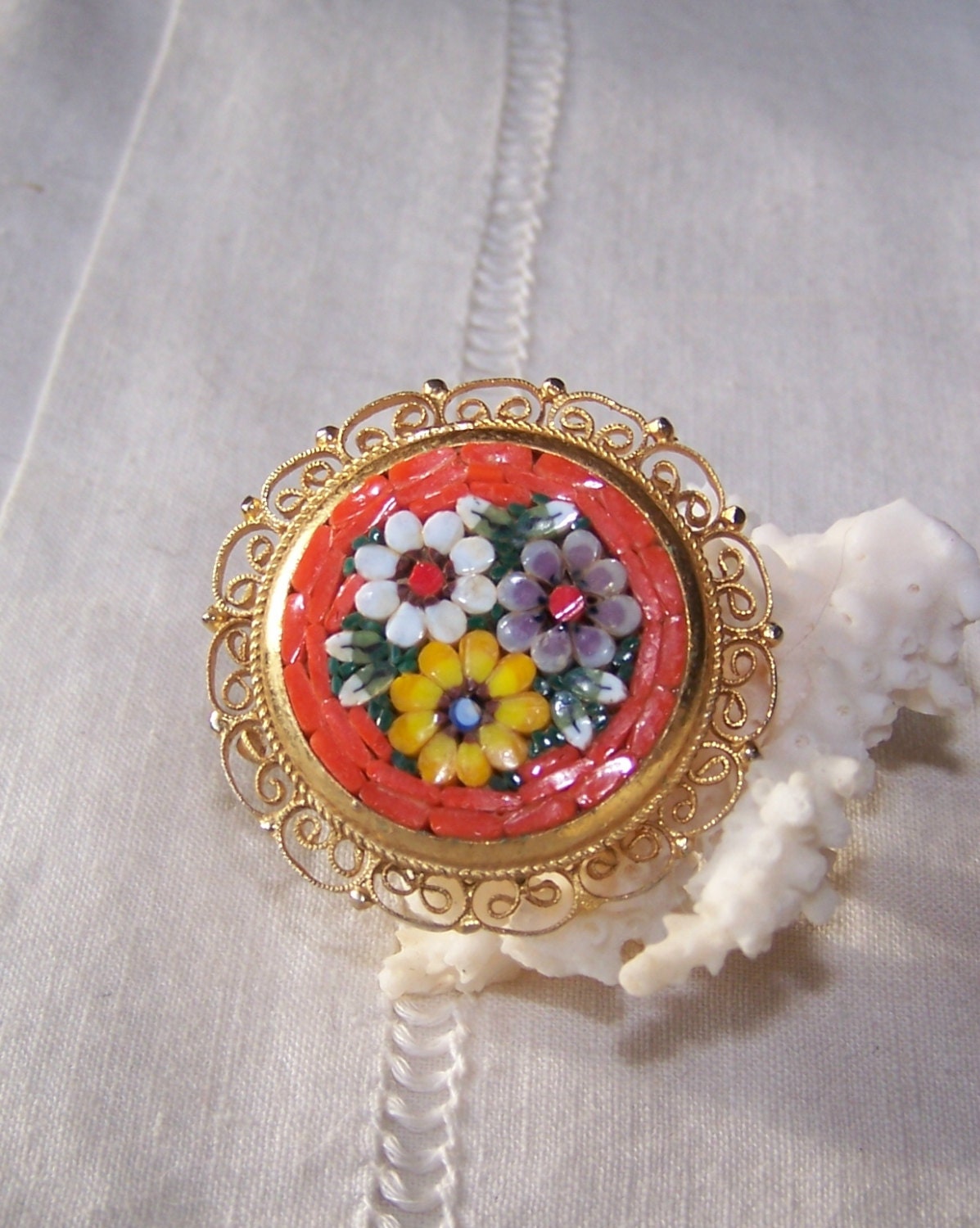 Mosaic Brooch, Orange Blue,Grey and Yellow ,Italy