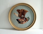 vintage American flag and eagle crewel work, round wood frame