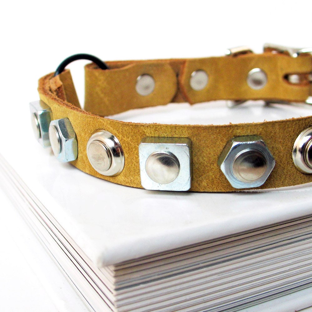 Leather Cat Collar with Industrial Geometric Shapes to fit a 7-9in Neck, EcoFriendly, OOAK