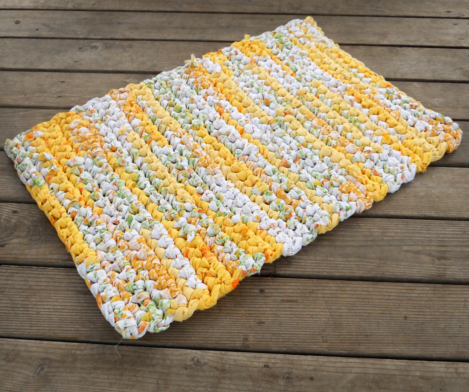 Recycled Rag Crochet Floor Rug Upcycled Foot Comfort Spring Sunshine Porch Daffodils Yellow Lime Green