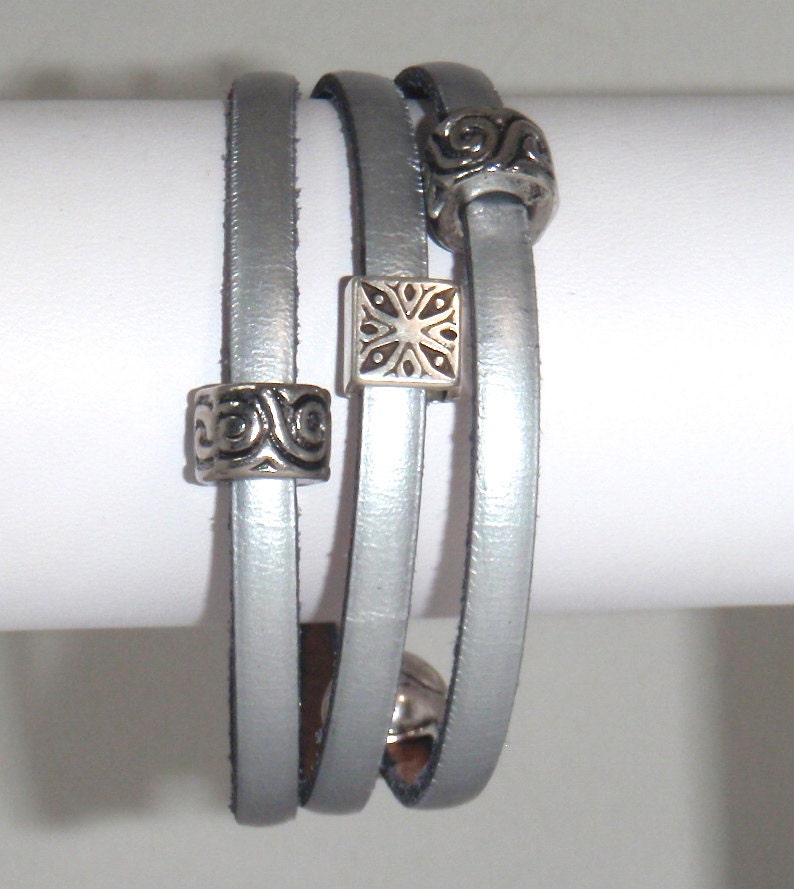 Silver Euro Leather and Pewter Wraparound Bangle Bracelet