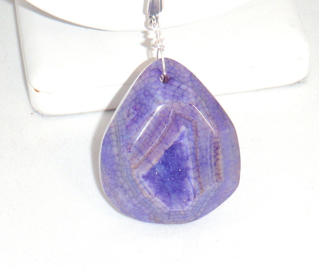 Purple Faceted Druzy Geode Dragon Veins Agate Pendant Necklace