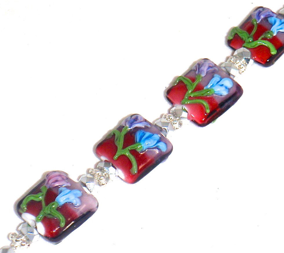 Red Blue Green Lavender Flowers on Glass Bracelet