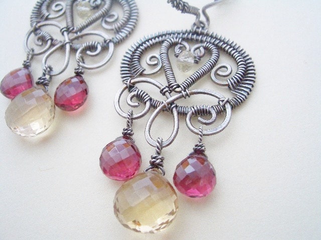 Cassandra Earrings----Sterling Silver/Red Garnet/Champagne Citrine wire wrapped