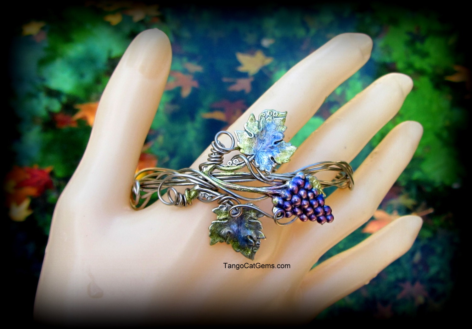 Hand Painted Grapes  on Silver Vines Wire Wrapped  Bracelet