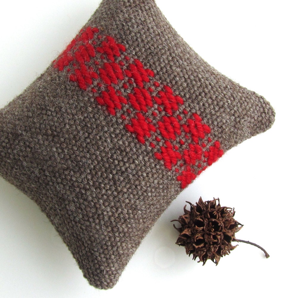 Handwoven Pincushion / Miniature Pillow - Swedish Weaving - Rosepath in Red and Brown Wool