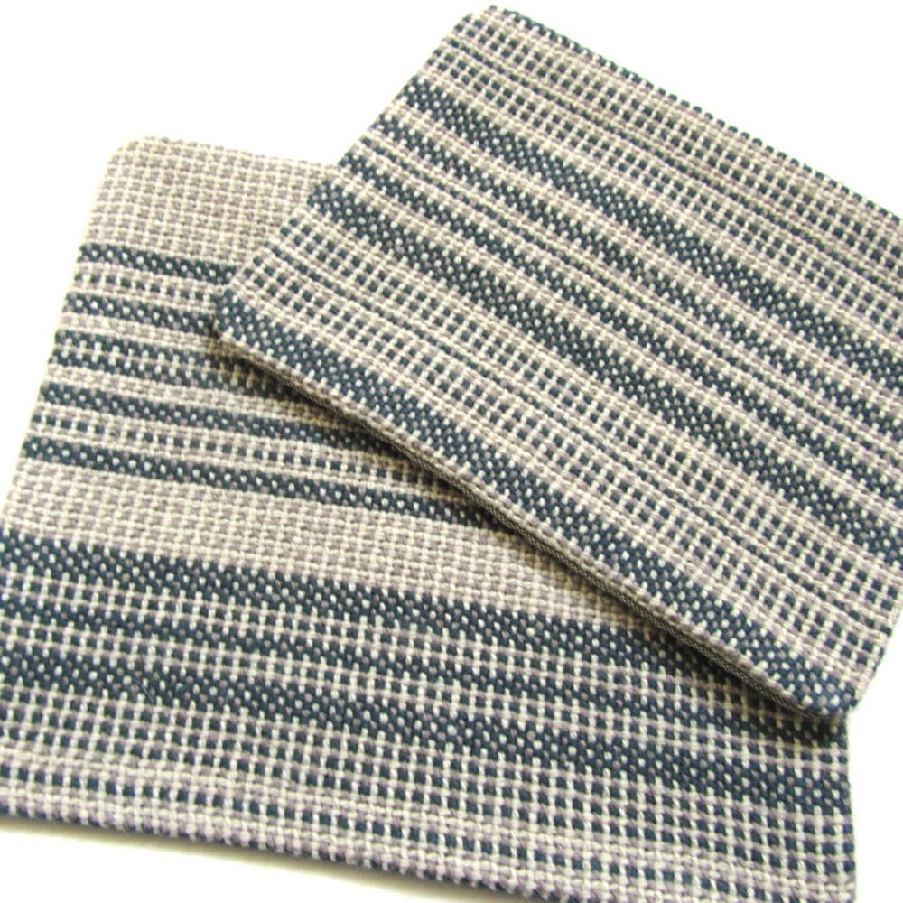 Handwoven Patches - Striped Dark Green and Ecru - Set of Two Patches