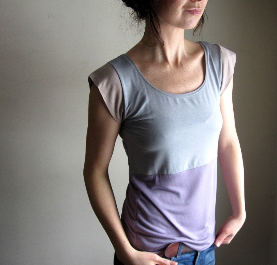 Pale Lavender and Gray Color Block Blouse / Lightweight Tee Shirt / Tank / Spring Pastel