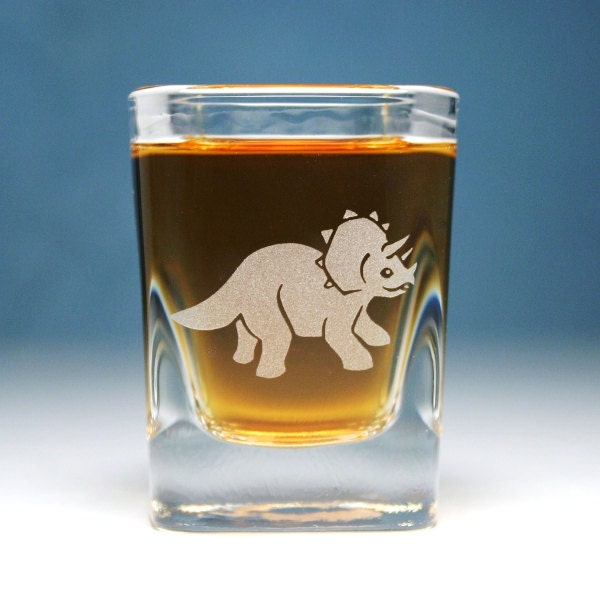 Triceratops dinosaur shot glass - square etched glass