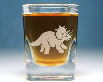 Triceratops dinosaur shot glass - square etched glass