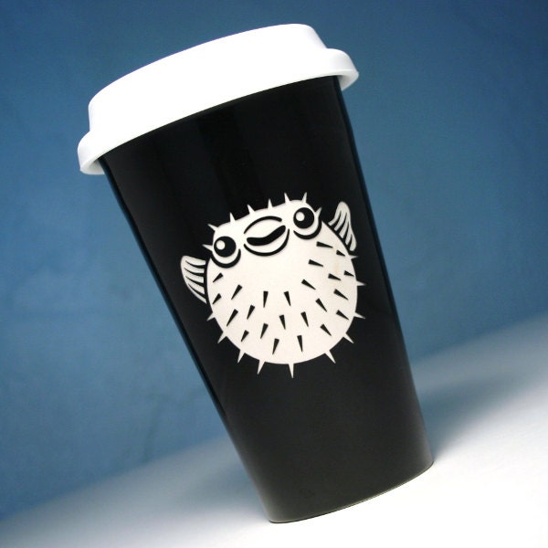 Pufferfish Travel Mug - insulated black ceramic to-go cup - nautical fish mug