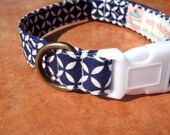 Mannix - Organic Cotton LARGE Dog Collar Blue White Mod - All Antique Brass Hardware