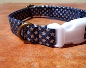 Starry Night - Organic Cotton SMALL Dog Collar Blue Silver Stars - All Antique Brass Hardware