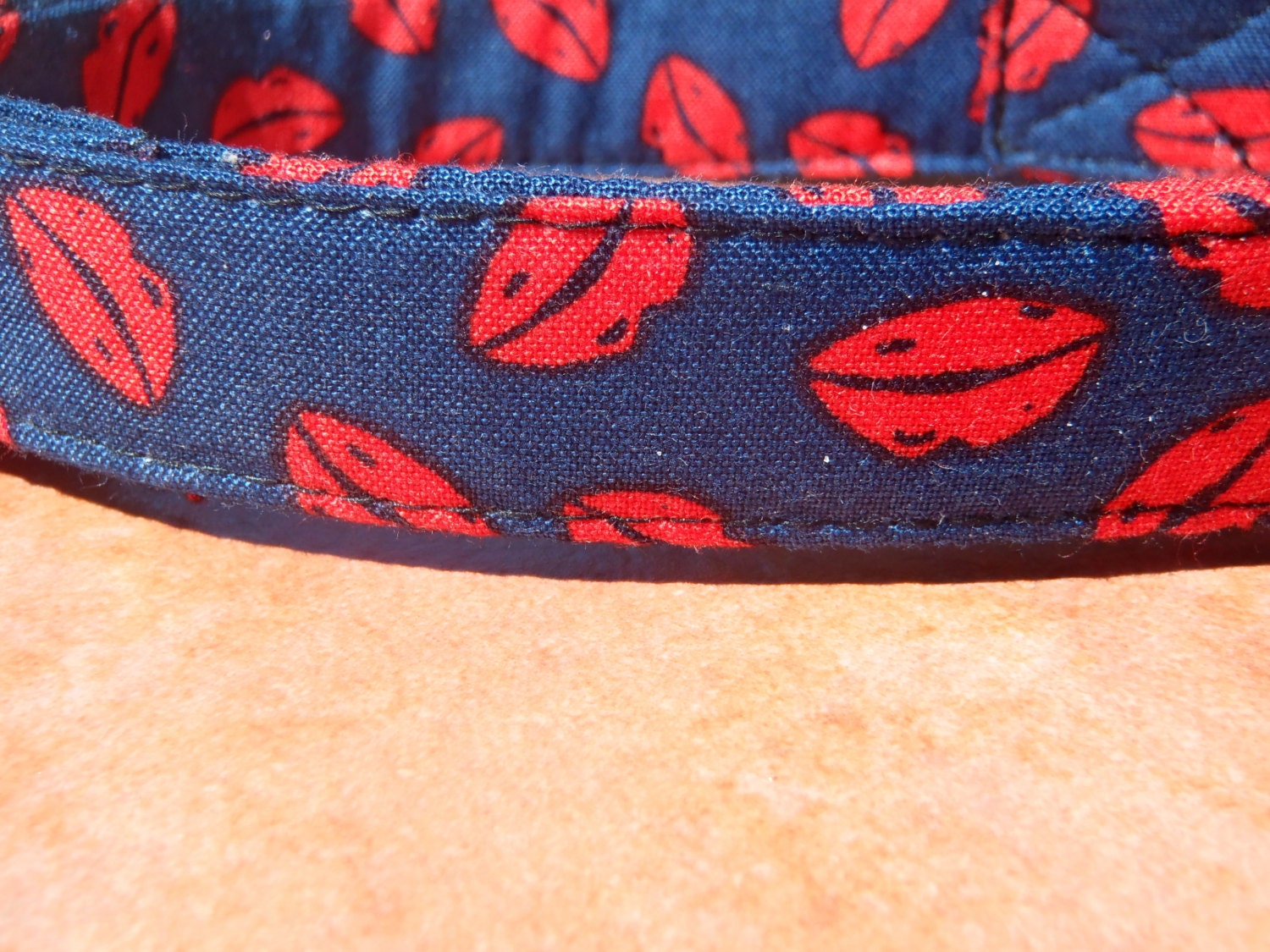 Besame Mucho - Organic Cotton MEDIUM Dog Collar Navy Blue Red Lips Kisses Nautical - All Antique Brass Hardware