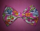 Pink Day of the Dead Sugar Skull Fabric Hair Bow