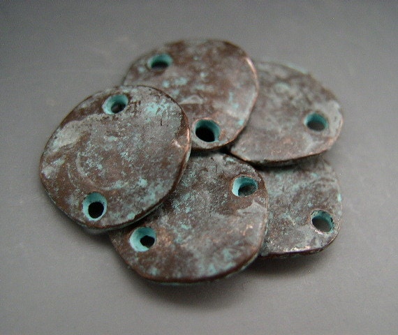 Naos - Green Copper Patina Cornflake Disks Links Two Holes 14mm - Greek Pewter Beads (5 pack)