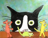 Cat Art - Silent Mylo Tuxedo Cat with Mice - 11 x 14 Original Painting