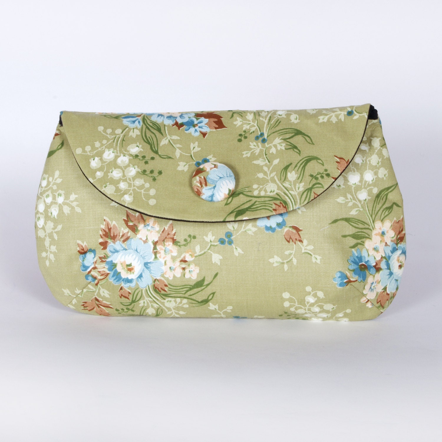 Green vintage floral print fabric clutch purse