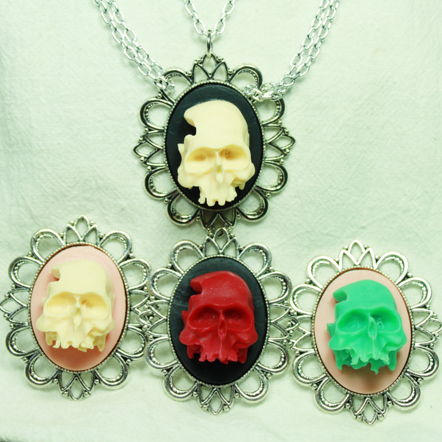Silver 3D Skull Cameo Multi-Strand Necklace in Bone, Aqua and Red