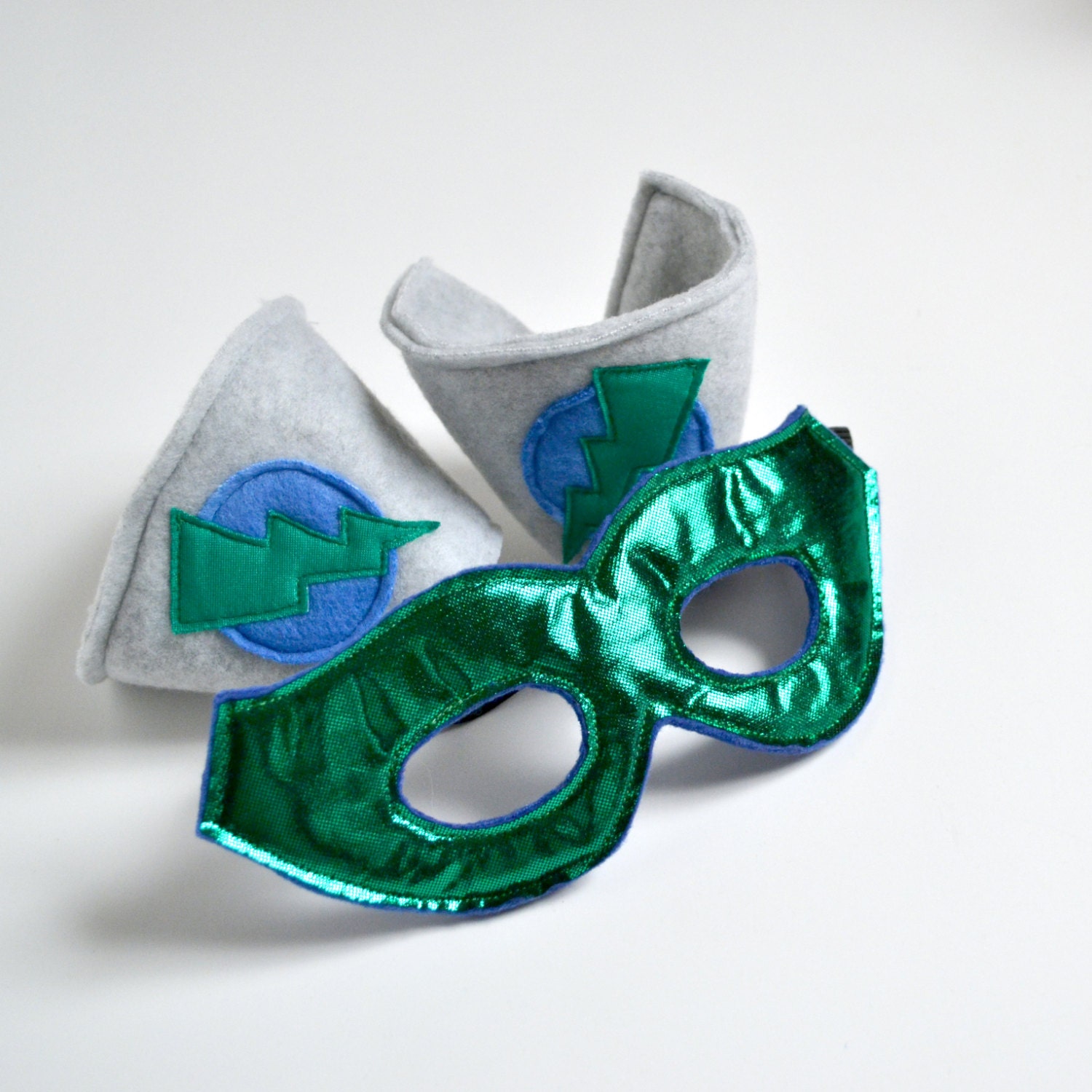 SALE - Costume Super Hero Mask and cuff set - Emerald Green blue and grey (WOW042513-7)
