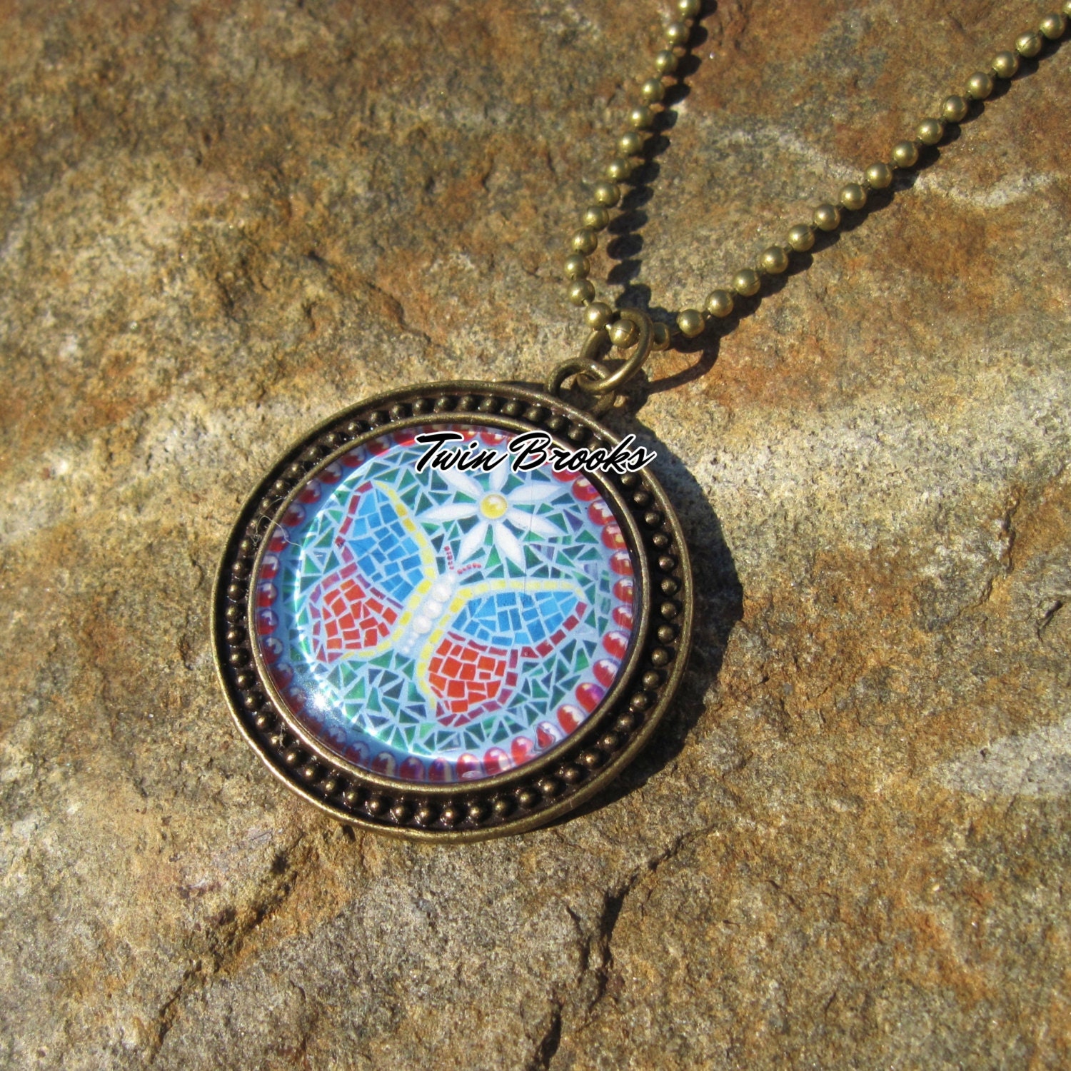 Butterfly Mosaic Art Print Pendant Necklace
