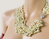 Chunky Pearl Necklace with Peach - Aqua  - Rhinestone Bridal Jewelry, Layered Pearl Statement Necklace Vintage Style