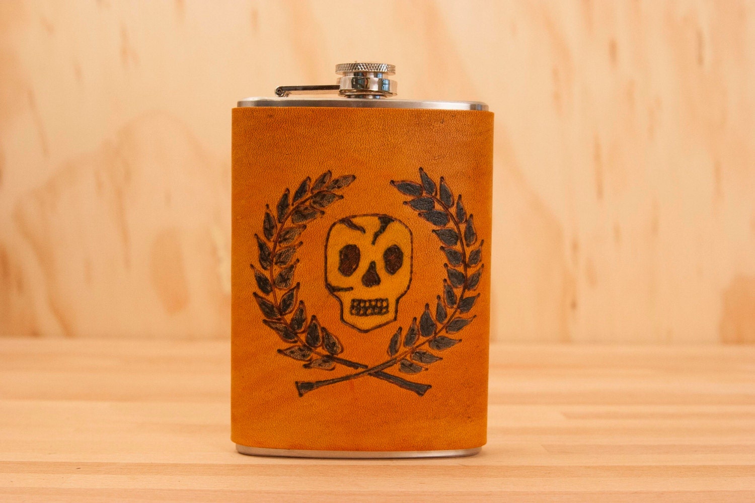 8oz Flask - Leather and Stainless Steel -  Prep pattern with skull