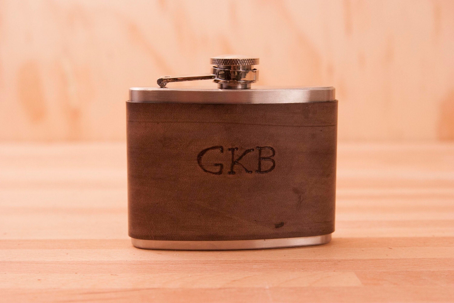 Monogram Flask  - Leather and Stainless Steel in antique black